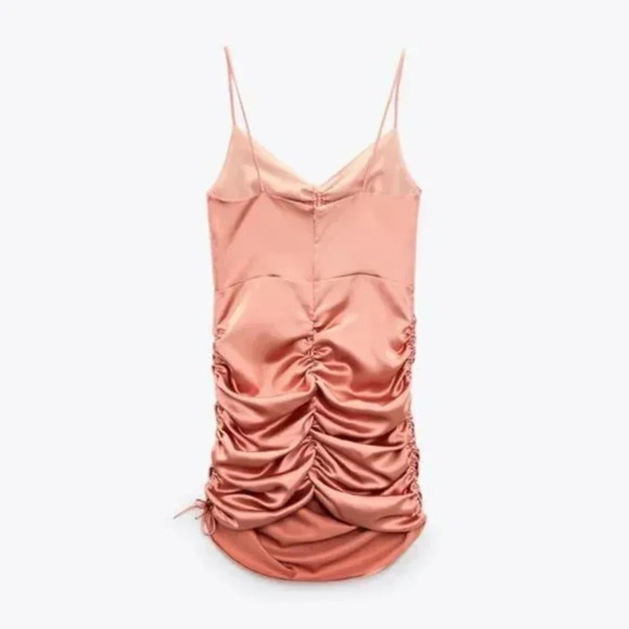 Zara Satin Like Cut Out Draped Ruched Mini Dress Peach Pink Sz S - Picture 8 of 8